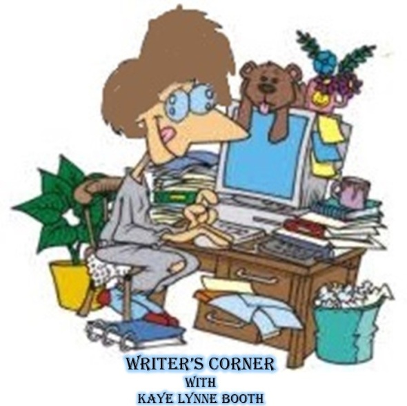 Caricature of a woman typing on a computer at a very messy desk. Text: Writer's Corner with Kaye Lynne Booth
